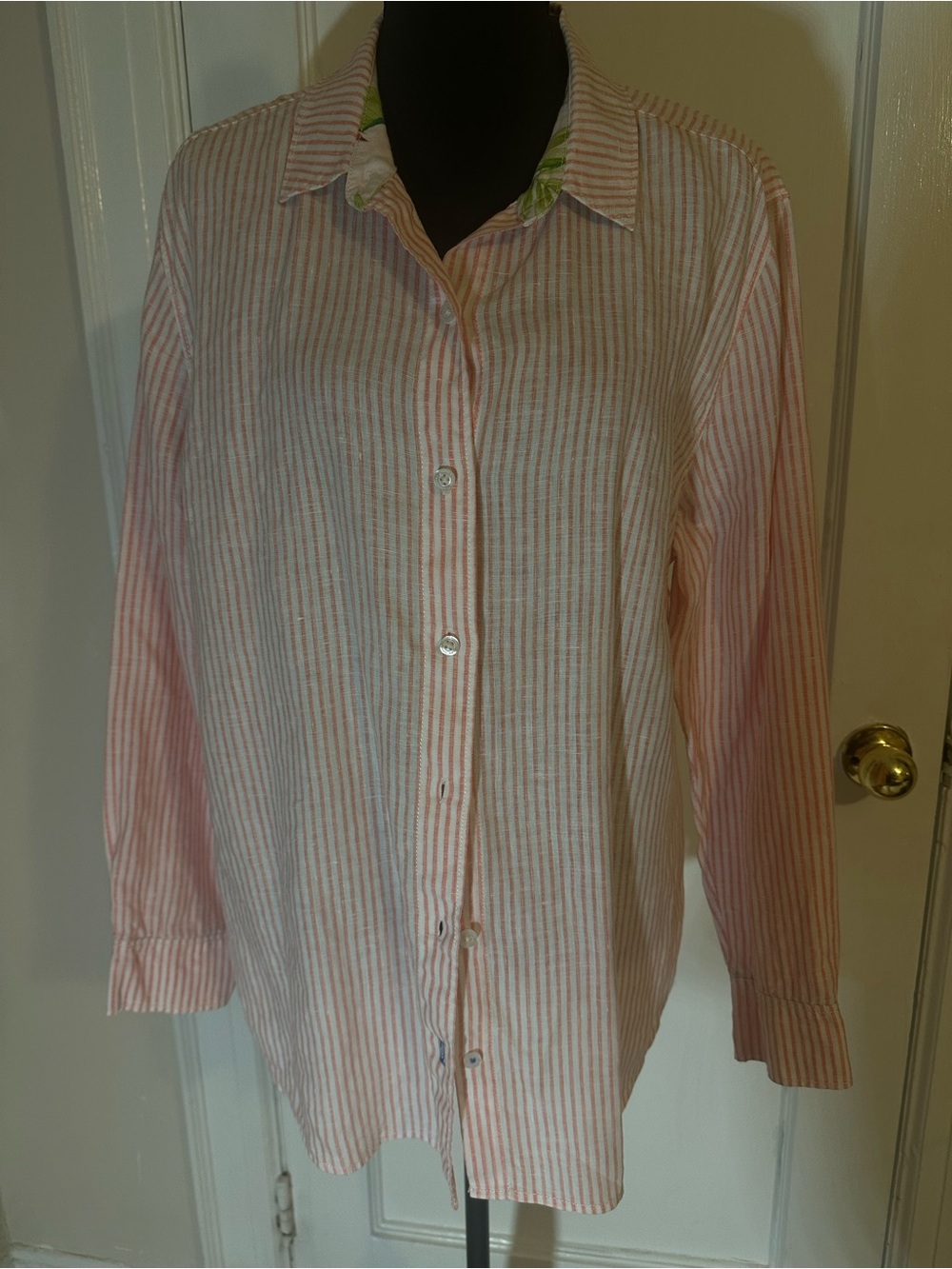 Tommy Bahama Pink and White Striped linen Button-Down Shirt